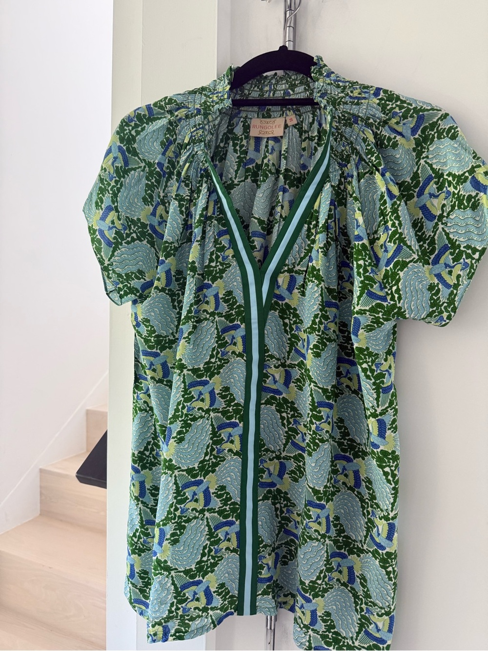Rungolee Printed Smocked Silk Top — Green & Blue
